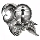 waves lighthouse birds flying away moon mirror reflection tattoo design idea