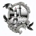 waves lighthouse birds flying away moon mirror reflection tattoo design idea