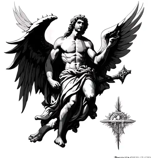st Micheal on upper arm in medium size while in battle  tattoo design idea