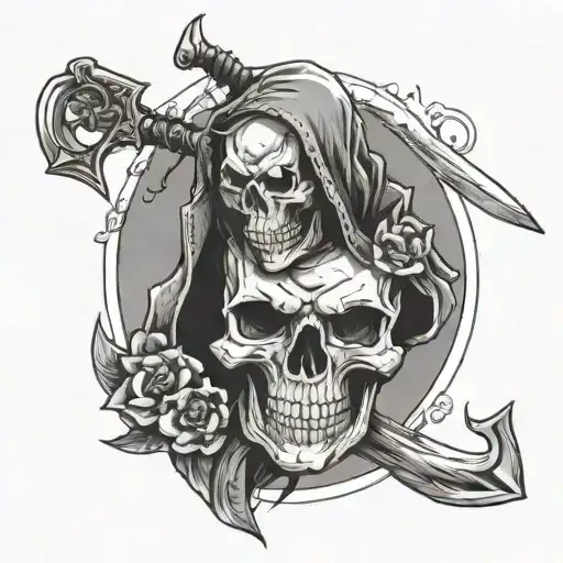 Skull with bear coat and scythe in his hand tattoo design idea