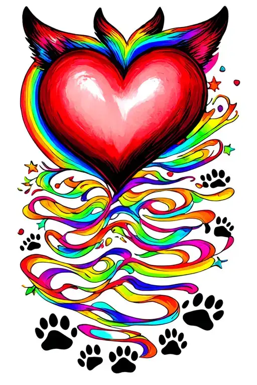 red shaded love heart with a rainbow coloured wolf paw prints following a wavey line up to the bottom of the heart  tattoo design idea