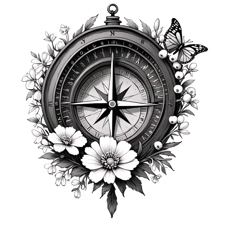 compass surrounded by carnations, lily of the valley flowers, snowdrops, cosmos and a butterfly tattoo design idea