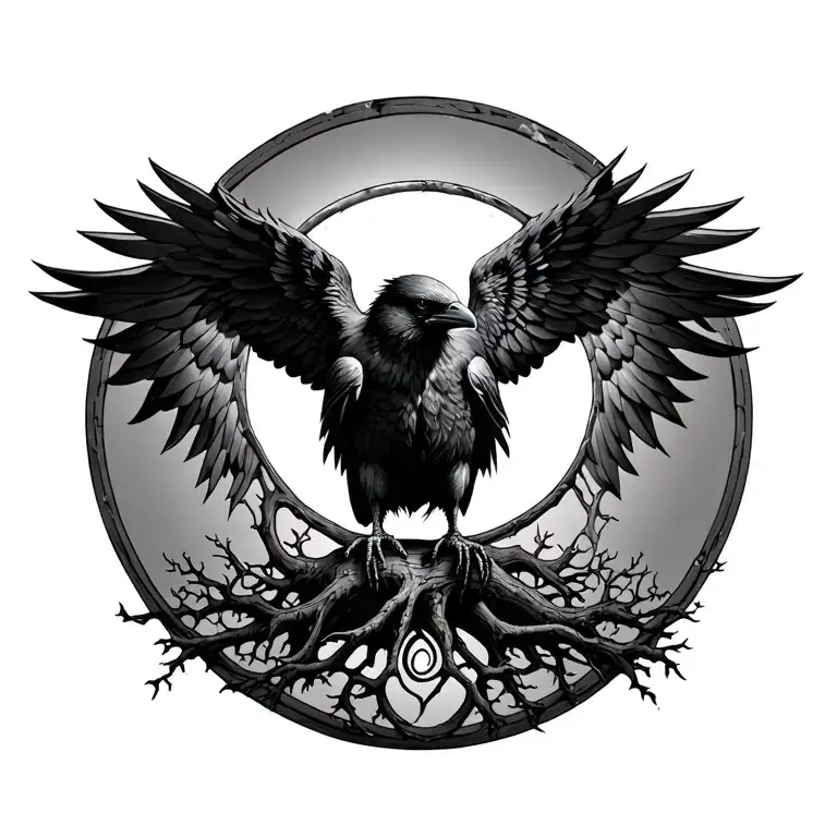 Raven with its wings wrapped around the tree of life  tattoo design idea