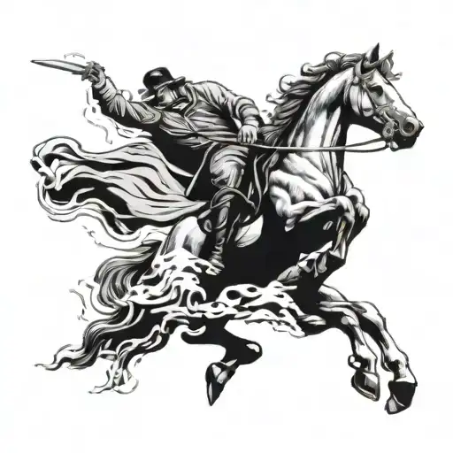 A horse nose planting into a puddle, Headless Horseman riding Him holding up a medusa head tattoo design idea