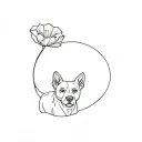 abstract, simple, one-line tattoo starting with a poppy flower and ending with the face of a dog and cat. Dog is a lab  tattoo design idea