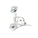 abstract, simple, one-line tattoo starting with a poppy flower and ending with the face of a dog and cat. Dog is a lab  tattoo design idea