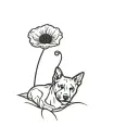 abstract, simple, one-line tattoo starting with a poppy flower and ending with the face of a dog and cat. Dog is a lab  tattoo design idea