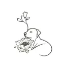 abstract, simple, one-line tattoo starting with a poppy flower and ending with the face of a dog and cat. Dog is a lab  tattoo design idea