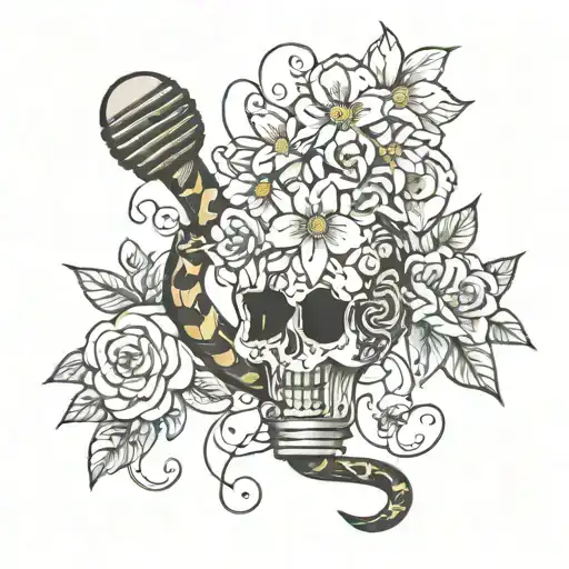 broken light bulb filled with flowers and a snake coiled tattoo design idea