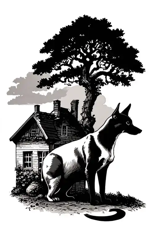 greyhound, Siamese cat, elm tree, small cottage tattoo design idea