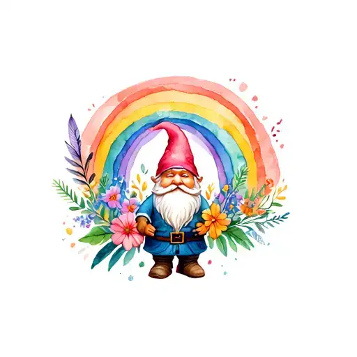 garden gnome, bright, meaningful, feathers, rainbows, flowers tattoo design idea