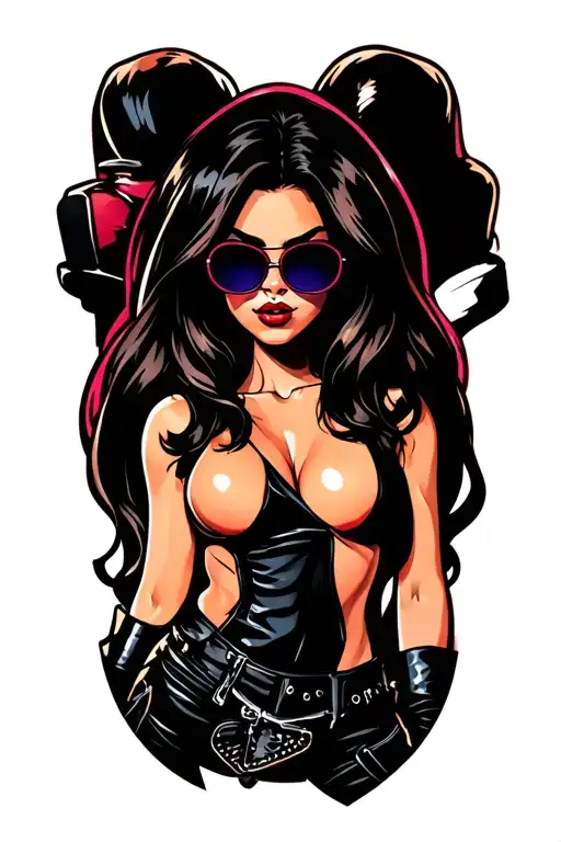 create a cartoon egg woman wearing biker leathers add sunglasses tattoo design idea