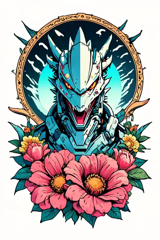 mechagodzilla flowers surrounding tattoo design idea