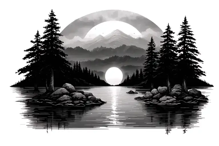 Realistic landscape tattoo design, with horizon and gentle light, symbolizing peace, nature, and meditation tattoo design idea