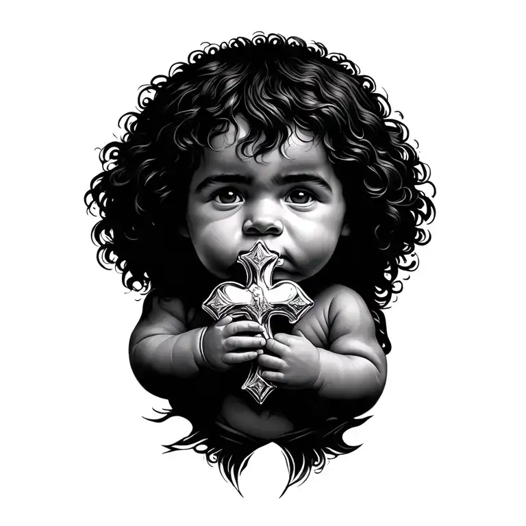 A black baby holding a chrome heart cross like the brand chrome heart to Jesus Christ himself tattoo design idea