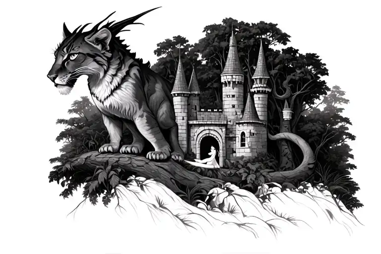 detail realistic cougar within trees in jungle with a dragon above protecting a castle with a woman inside.Detailed. tattoo design idea