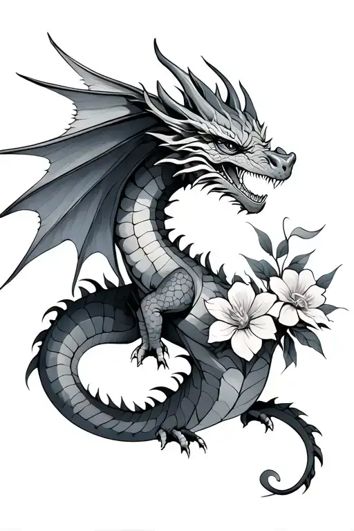 dragon with flowers, fourth wing , 4 legs  tattoo design idea