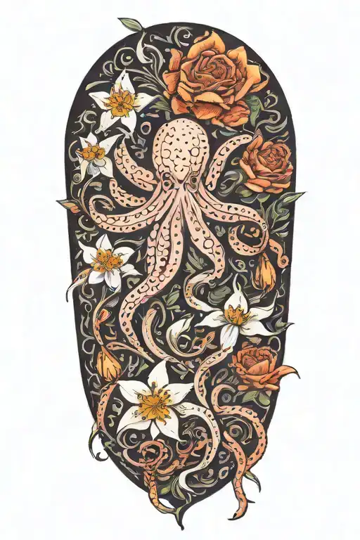 snowdrops, rose, marigold, daffodil, octopus tentacles tattoo design idea
