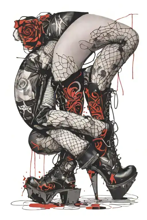 naked body of a woman in martens boots, accentuate the butt in fishnet stockings, no unnecessary details, just the body tattoo design idea