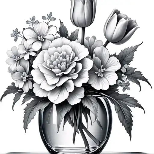 see through vase with water in, with a tulip, forgetmenot and hydrangeas tattoo design idea