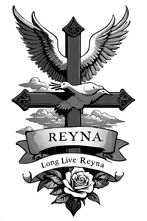 i wanted a cross with clouds and a banner saying “Long Live Reyna” with a dove and a rose  tattoo design idea