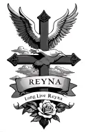 i wanted a cross with clouds and a banner saying “Long Live Reyna” with a dove and a rose  tattoo design idea