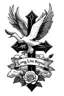 i wanted a cross with clouds and a banner saying “Long Live Reyna” with a dove and a rose  tattoo design idea