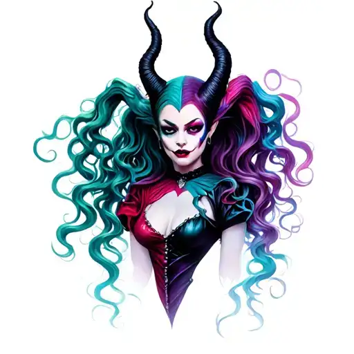 harley quinn, medusa, and maleficent tattoo design idea