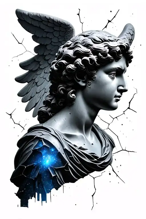 black and grey angel statue bust cracked wall nebula tattoo design idea