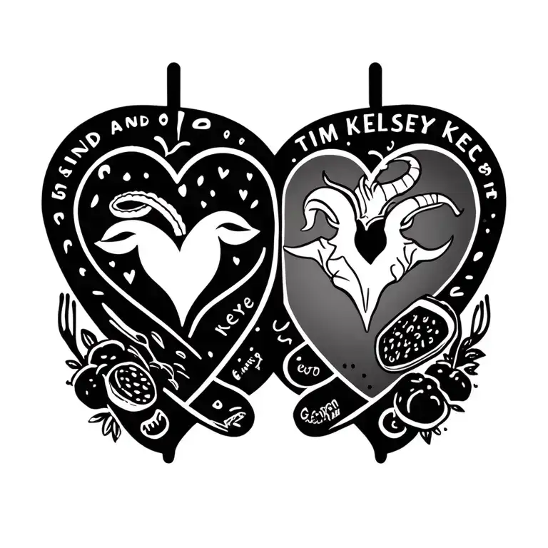 "Tim and Kelsey" Gemini sign and Capricorn sign in a heart on a chefs cutting board with food items tattoo design idea