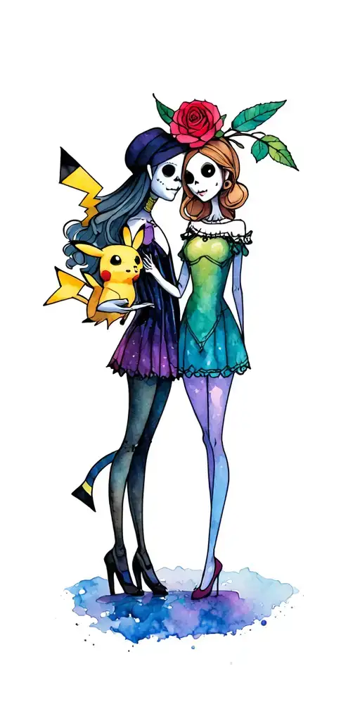 jack and Sally dressed like beauty and the beast with zero dressed like pikachu. include a stained glass window and rose tattoo design idea
