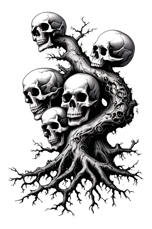 tree of life and the roots forming skulls tattoo design idea