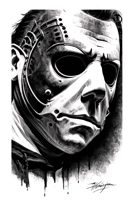 realistic michael myers face  with mask on looking down to the right side  tattoo design idea
