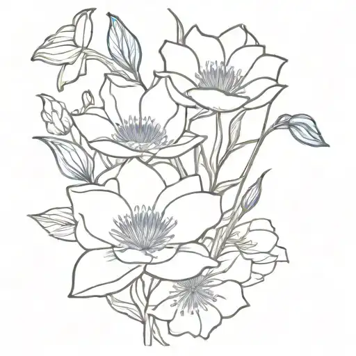 Bouquet of flowers with stems , water lily, Astor, morning glory, delphinium  tattoo design idea