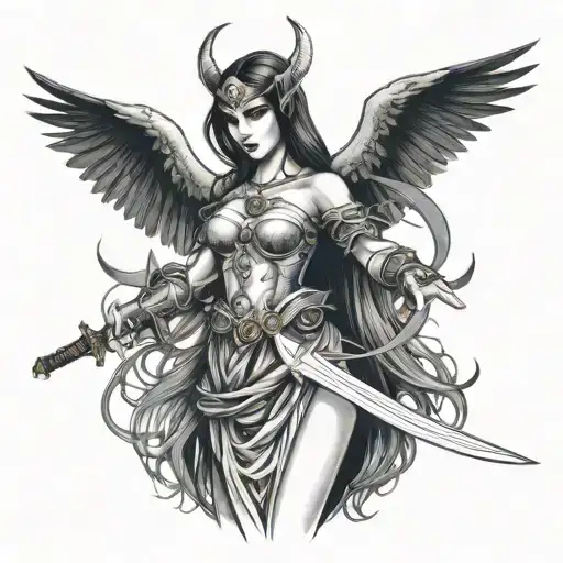 morrigan Irish goddess holding sword tattoo design idea