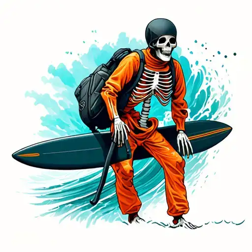 surfing skeleton in a orange jumpsuit and a black headsack tattoo design idea