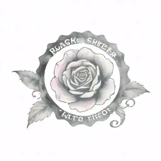 black and white rosette with bright pink tips  intertwined with black gothic script writing stating Black sheep tattoo design idea
