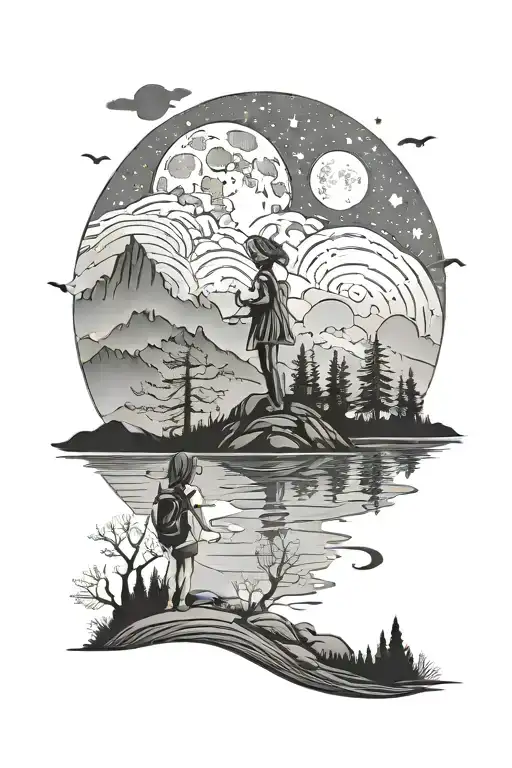 A woman with a boy and young girl river bank at night with the mountains trees full moon stars and northern lights  tattoo design idea