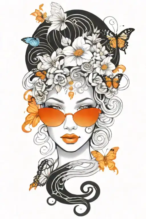medusa with hair of snakes with flowers surrounding her and butterflies  tattoo design idea