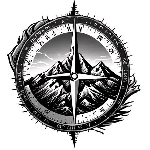 compass with mountain around it and yolo ritten on top right above the N and the mountain tattoo design idea