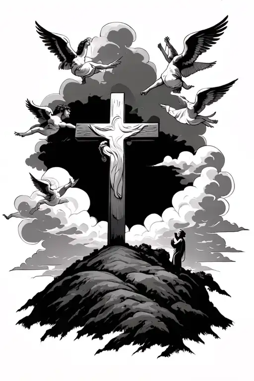 3 cross on a hill with clouds and angels flying tattoo design idea