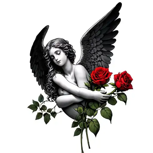 fallen angel holding a rose tattoo design idea