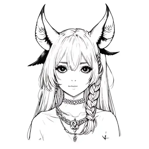 1girl, animal, bird, bracelet, braid, black eyes, horns, jewelry, long hair, long sleeves, monochrome, no anime tattoo design idea