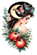 sage woman, crescent moon, triple moon glyph, pomegranate, florals, pearls, butterfly, 11, air glyph tattoo design idea