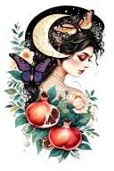 sage woman, crescent moon, triple moon glyph, pomegranate, florals, pearls, butterfly, 11, air glyph tattoo design idea
