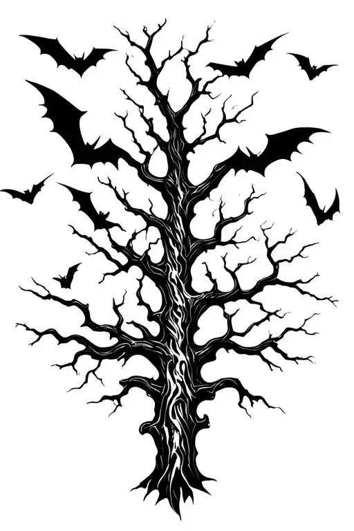fear no evil with poison tree and bats flying tattoo design idea