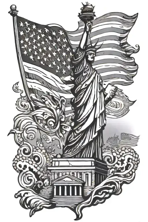 statue of liberty, american flag, we the people, in god we trust, bald eagle tattoo design idea