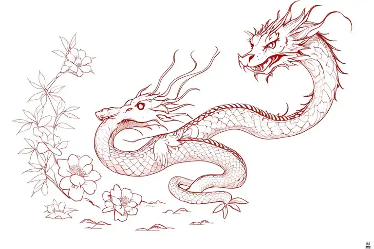 Japanese style of a dragon with flowers, a snake with flowers, a tiger with flowers and a nearby bamboo. In black red. tattoo design idea