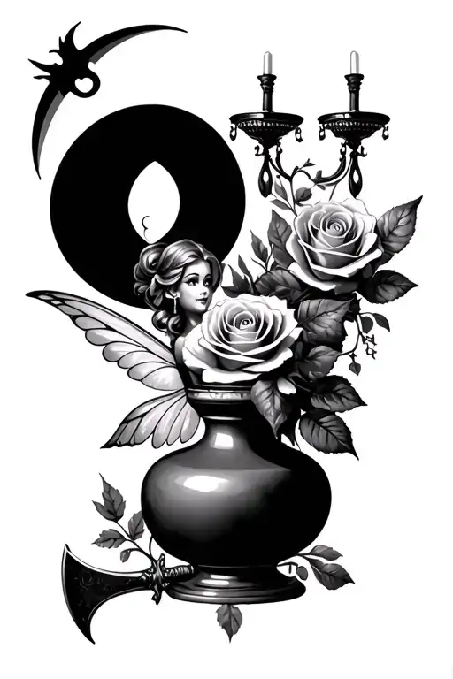 Tinkerbell fairy, crescent moon, vase, rose, axe, chandelier  tattoo design idea