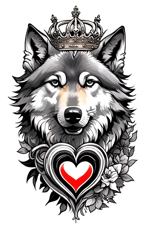  love loyalty, with a wolf, heart, and crown tattoo design idea